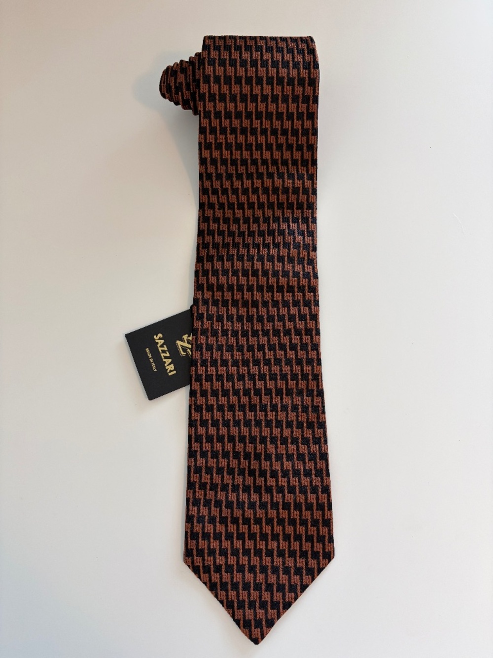 Sazzari Made in Italy Silk Tie NWT Brown Black Geometric 3.5"